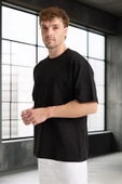 İki İplik Kumaş Pamuklu Bisiklet Yaka Basic Oversize Erkek T-Shirt - Siyah - 1
