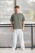 İki İplik Kumaş Pamuklu Bisiklet Yaka Basic Oversize Erkek T-Shirt - Avcı Yeşili - 5
