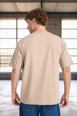 İki İplik Kumaş Pamuklu Bisiklet Yaka Basic Oversize Erkek T-Shirt - Kum Beji - 7