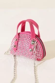 pembe Süet Kumaş, Tek Bölmeli, Zincir Askılı,Fermuarlı, Taşlı, Mini El Ve Omuz Çantası 10 cm - 1