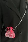 pembe Süet Kumaş, Tek Bölmeli, Zincir Askılı,Fermuarlı, Taşlı, Mini El Ve Omuz Çantası 10 cm - 7