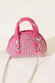 pembe Süet Kumaş, Tek Bölmeli, Zincir Askılı,Fermuarlı, Taşlı, Mini El Ve Omuz Çantası 10 cm - 2