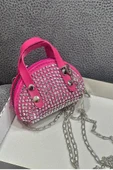 pembe Süet Kumaş, Tek Bölmeli, Zincir Askılı,Fermuarlı, Taşlı, Mini El Ve Omuz Çantası 10 cm - 3