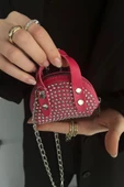 pembe Süet Kumaş, Tek Bölmeli, Zincir Askılı,Fermuarlı, Taşlı, Mini El Ve Omuz Çantası 10 cm - 6