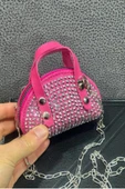 pembe Süet Kumaş, Tek Bölmeli, Zincir Askılı,Fermuarlı, Taşlı, Mini El Ve Omuz Çantası 10 cm - 4