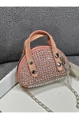 pudra Süet Kumaş, Tek Bölmeli, Zincir Askılı,Fermuarlı, Taşlı, Mini El Ve Omuz Çantası 10 cm - 2
