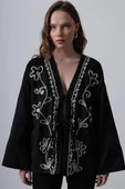 Siyah Nakış İşlemeli Müslin Kimono - 3