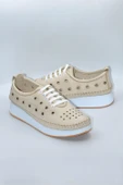 Kadın Hakiki Deri Bej Delikli Günlük Casual Ayakkabı - ZK-00 - 5