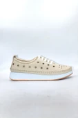 Kadın Hakiki Deri Bej Delikli Günlük Casual Ayakkabı - ZK-00 - 1
