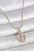 316L Çelik Gold Renk Zincir Mor Mineli Çiçek İşlemeli Portre Model Kadın Kolye - TJ-BKO10164 - 1