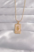 316L Çelik Özel Seri  Gold Renk Pembe Mineli El Figür Tarot Kolye - 1