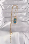 316L Çelik Özel Seri  Gold Renk Mavi Mineli El Figür Tarot Kolye - 2