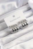 316L Çelik Gümüş Renk 3lü Görünüm Bombe Model Yarım Halka Küpe - TJ-BKP9490 - 1
