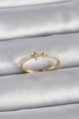 Pirinç Gold Renk Zirkon Taşlı Yıldız Sıralı İncili Ayarlanabilir Model Kadın Yüzük - TJ-BYK3366 - 1
