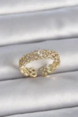 Pirinç Gold Renk Zirkon Taşlı Zikzak Ayarlanabilir Model Kadın Yüzük - TJ-BYK3354 - 1