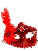 Kırmızı Mat Renk Yandan Tüylü Güllü Parti Balo Venedik Maskesi 16x22 - 1