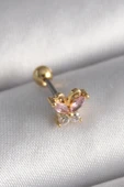316L Çelik Gold Renk Pembe Zirkon Taşlı Kelebek Tragus Piercing - TJ-PR1240 - 1