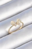 Pirinç Gold Renk Beyaz Mineli Zirkon Taşlı Kelebek Model Kadın Yüzük - TJ-BYK3464 - 1