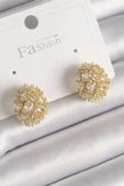 Pirinç Gold Renk Zirkon Taşlı Kadın Küpe - TJ-BKP9796 - 1