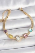 316L Çelik Gold Renk İtalyan Zincir Renkli Zirkon Taşlı Kadın Bileklik - TJ-BB6956 - 1