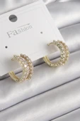 Pirinç Gold Renk Zirkon Taşlı Halka Model Kadın Küpe - TJ-BKP9965 - 1