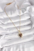 316L Çelik Gold Renk Zincir Kilit Kalp Kehribar Boncuk Model Kadın Kolye - TJ-BKO9496 - 2