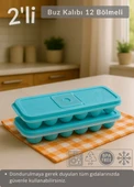 2'li Set Buz Kalıbı 12 Bölmeli Esnek Silikon Buz Küpü BPA FREE Kare Bas Parmak Buzluk Çapı 3,5 cm Mavi thumbnail 1