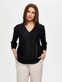 Faik Sönmez Kadın File Garnili Fermuar Detaylı Kısa Kol Ketenli Bluz thumbnail 7