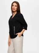 Faik Sönmez Kadın File Garnili Fermuar Detaylı Kısa Kol Ketenli Bluz thumbnail 1