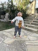 Ayıcık Sallanan Ayak Desenli Likra Penye Kumaş Sweat Pantolonlu Kız Erkek 2li Çocuk Takımı Turuncu - 4