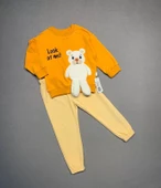 Ayıcık Sallanan Ayak Desenli Likra Penye Kumaş Sweat Pantolonlu Kız Erkek 2li Çocuk Takımı Turuncu - 3