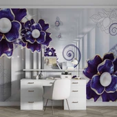3D Saray Mor Çiçek Duvar Kağıdı Baskı thumbnail 4