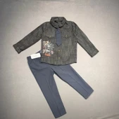 Kravatlı Keten Gömlek Gabardin Pantolon Uzun Kollu 3lü Erkek Çocuk Takımı Füme - 3