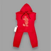 Kapşonlu Petli Mickey Desenli Kısa Kol 2li Kız Erkek Çocuk Takımı Kırmızı - 4