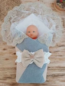 Yenidoğan Teri Cotton Taç Nakışlı Prizma Taş Kundak Bebek Battaniyesi Bej thumbnail 5