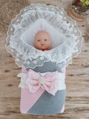 Yenidoğan Teri Cotton Taç Nakışlı Prizma Taş Kundak Bebek Battaniyesi Pembe - 5