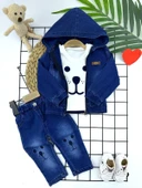 Kot Kumaş Kapşonlu Uzun Kol Sweatli Kot Kumaş 3lü Erkek Bebek Takımı Mavi thumbnail 3