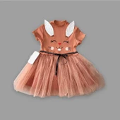 Petli Kulak Tavşan Baskılı Kız Bebek Elbisesi Kahverengi thumbnail 1