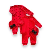 Payetli Şapka Çıtçıt Kapamalı Puantiyeli Ve Düz 2 Li Kombin Kız Bebek Tulumları thumbnail 1