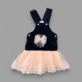 Fiyonklu Düğme Detaylı Tül Etek Kot Kumaş Salopet Kız Çocuk Elbisesi Lacivert-pudra - 4