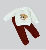 Mutlu Köpekcik Nakışlı Kuzu Kumaş Sweat Patili Pantolon Uzun Kollu Kız Erkek 2 Li Takımı thumbnail 2