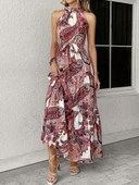 Lucky Life Kadın Halter Yakalı Omuzlardan Açık Kuşaklı Maksi Boy Desenli Süprem Elbise thumbnail 6