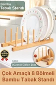 Çok Amaçlı Düzenleyici Bulaşıklık Plak Tabak Kitap Mutfak Organizer 8 Bölmeli Bambu Tabak Standı - 1