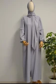 Kendinden Şallı Pamuklu Aerobin Kumaş Kadın Namaz Elbisesi  Ferace Gri thumbnail 1