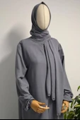 Kendinden Şallı Pamuklu Aerobin Kumaş Kadın Namaz Elbisesi Ferace Antrasit thumbnail 5