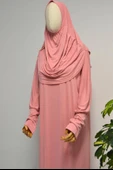 Kadın Penye Namaz Elbisesi Kendinden Başörtülü Rahat Kalıp Pembe – Tek Parça - 3