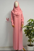 Kadın Penye Namaz Elbisesi Kendinden Başörtülü Rahat Kalıp Pembe – Tek Parça - 1