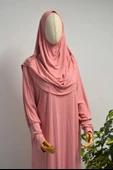 Kadın Penye Namaz Elbisesi Kendinden Başörtülü Rahat Kalıp Pembe – Tek Parça - 4