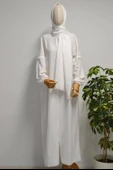 Kendinden Şallı Pamuklu Aerobin Kumaş Kadın Namaz Elbisesi  Ferace Beyaz thumbnail 1