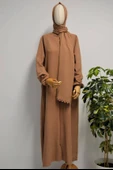 Kendinden Şallı Pamuklu Aerobin Kumaş Kadın Namaz Elbisesi  Ferace Kahverengi thumbnail 1
